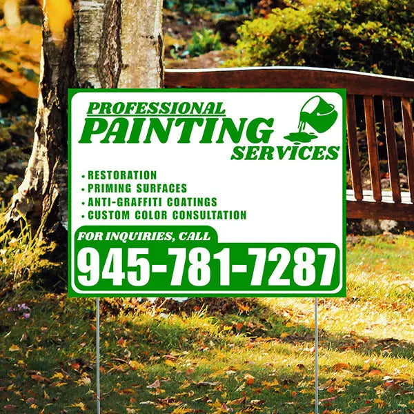 Painters Sign - Restoration, Priming surfaces, Anti-Graffiti Coatings, Custom Color Consultation - Plain White Green Design YardSigns.com