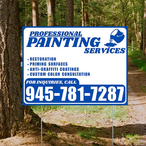 Painters Sign - Restoration, Priming surfaces, Anti-Graffiti Coatings, Custom Color Consultation - Plain White Blue Design YardSigns.com