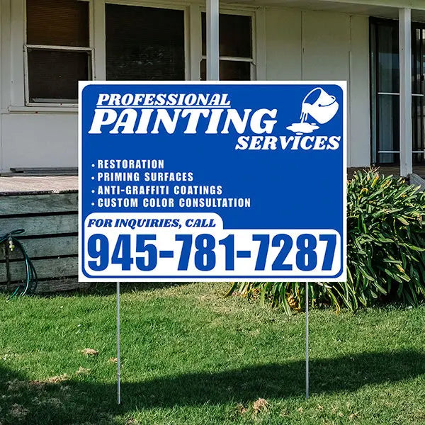 Painters Sign - Restoration, Priming surfaces, Anti-Graffiti Coatings, Custom Color Consultation - Plain Blue White Design YardSigns.com
