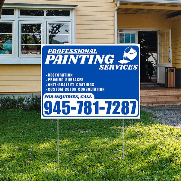 Painters Sign - Restoration, Priming surfaces, Anti-Graffiti Coatings, Custom Color Consultation - Plain Blue White Design YardSigns.com