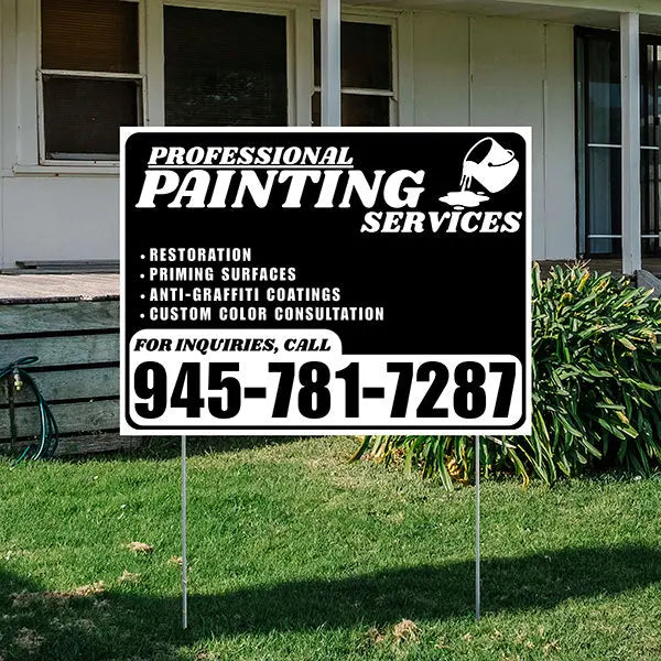Painters Sign - Restoration, Priming surfaces, Anti-Graffiti Coatings, Custom Color Consultation - Plain Black White Design YardSigns.com