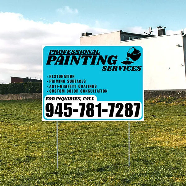 Painters Sign - Restoration, Priming surfaces, Anti-Graffiti Coatings, Custom Color Consultation - Plain Aqua Blue White Design YardSigns.com