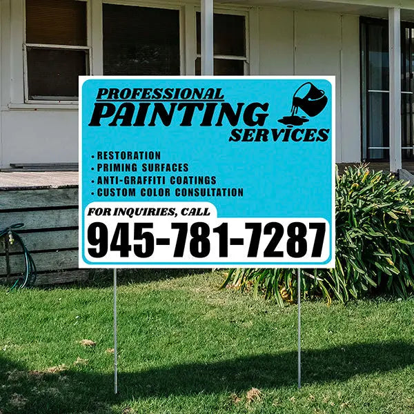 Painters Sign - Restoration, Priming surfaces, Anti-Graffiti Coatings, Custom Color Consultation - Plain Aqua Blue White Design YardSigns.com