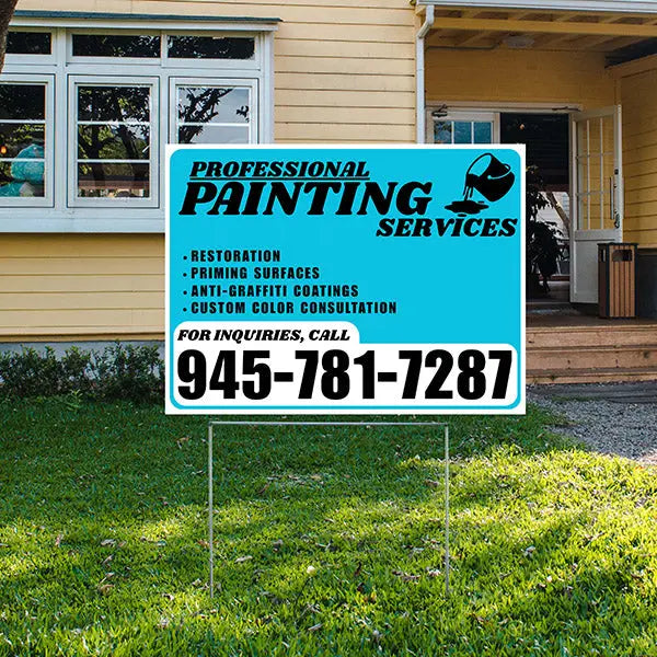 Painters Sign - Restoration, Priming surfaces, Anti-Graffiti Coatings, Custom Color Consultation - Plain Aqua Blue White Design YardSigns.com