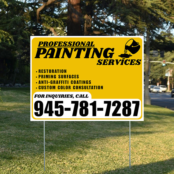Painters Sign - Restoration, Priming surfaces, Anti-Graffiti Coatings, Custom Color Consultation - Plain White Mustard Gold Design - YardSigns.com