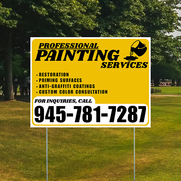 Painters Sign - Restoration, Priming surfaces, Anti-Graffiti Coatings, Custom Color Consultation - Plain White Mustard Gold Design - YardSigns.com