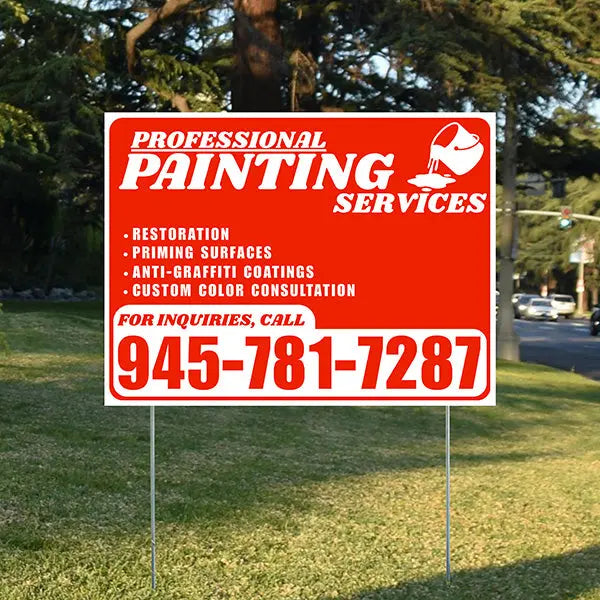 Painters Sign - Restoration, Priming surfaces, Anti-Graffiti Coatings, Custom Color Consultation - Plain Chili Red White Design YardSigns.com