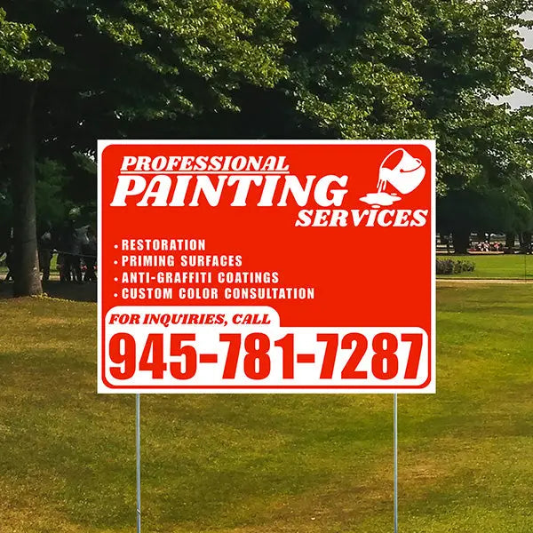 Painters Sign - Restoration, Priming surfaces, Anti-Graffiti Coatings, Custom Color Consultation - Plain Chili Red White Design YardSigns.com
