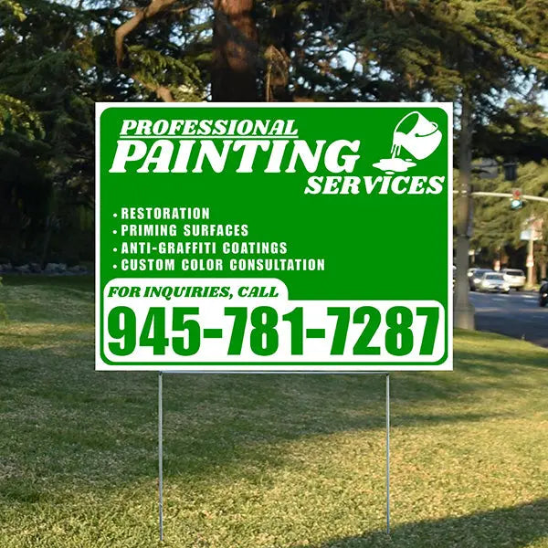 Painters Sign - Restoration, Priming surfaces, Anti-Graffiti Coatings, Custom Color Consultation - Plain Green White Design YardSigns.com