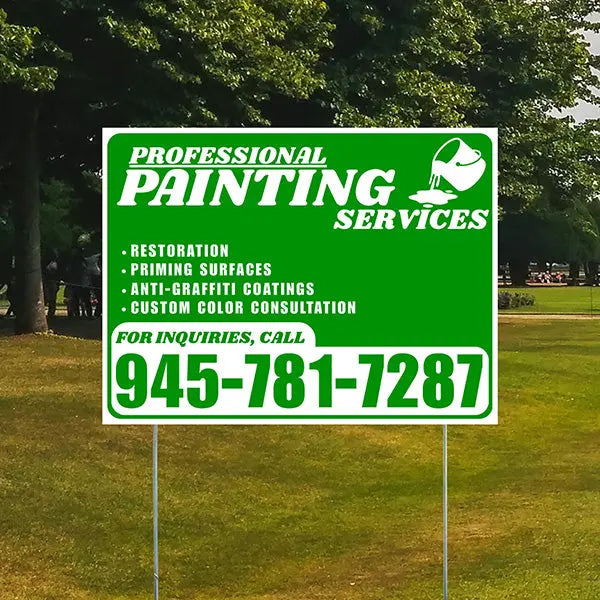 Painters Sign - Restoration, Priming surfaces, Anti-Graffiti Coatings, Custom Color Consultation - Plain Green White Design YardSigns.com