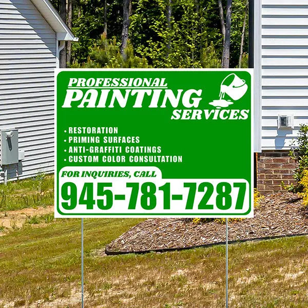 Painters Sign - Restoration, Priming surfaces, Anti-Graffiti Coatings, Custom Color Consultation - Plain Green White Design YardSigns.com