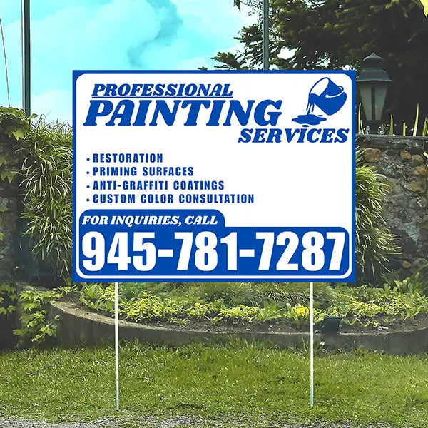 Painters Sign - Restoration, Priming surfaces, Anti-Graffiti Coatings, Custom Color Consultation - Plain White Blue Design YardSigns.com