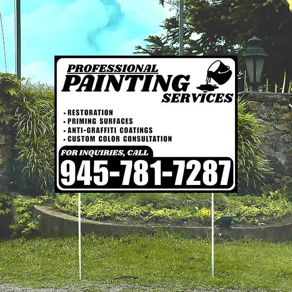 Painters Sign - Restoration, Priming surfaces, Anti-Graffiti Coatings, Custom Color Consultation - Plain White Black Design YardSigns.com