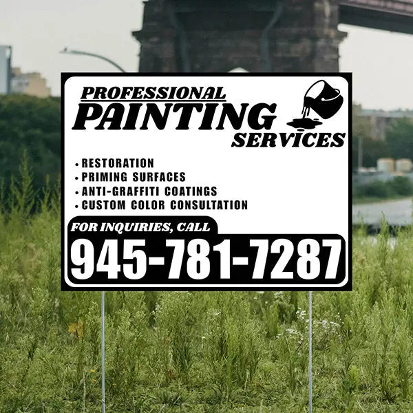 Painters Sign - Restoration, Priming surfaces, Anti-Graffiti Coatings, Custom Color Consultation - Plain White Black Design YardSigns.com