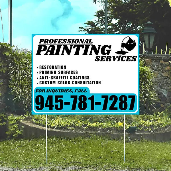 Painters Sign - Restoration, Priming surfaces, Anti-Graffiti Coatings, Custom Color Consultation - Plain White Aqua Blue Design YardSigns.com