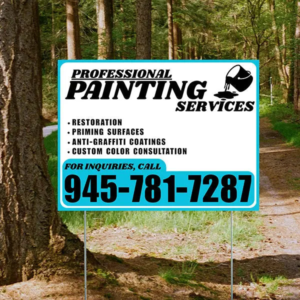 Painters Sign - Restoration, Priming surfaces, Anti-Graffiti Coatings, Custom Color Consultation - Plain White Aqua Blue Design YardSigns.com