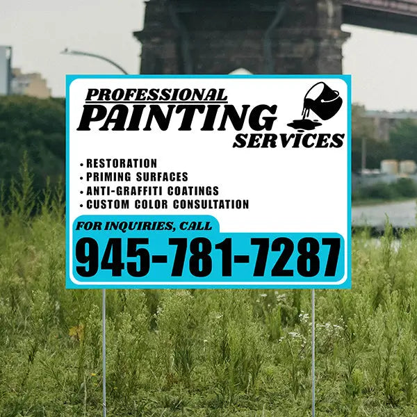 Painters Sign - Restoration, Priming surfaces, Anti-Graffiti Coatings, Custom Color Consultation - Plain White Aqua Blue Design YardSigns.com