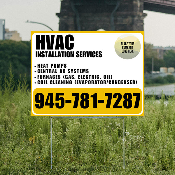 HVAC installation services sign with contact number, offering heat pumps, central AC systems, furnaces, and coil cleaning services, displayed outdoors.