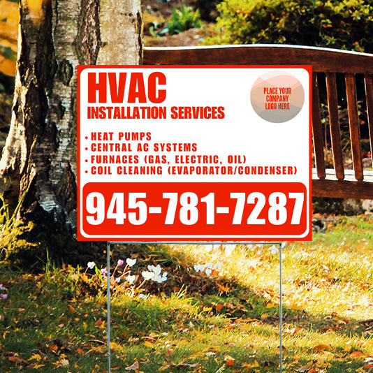 HVAC installation services sign in a park with contact number 945-781-7287, offering heat pumps, central AC systems, furnaces, and coil cleaning.