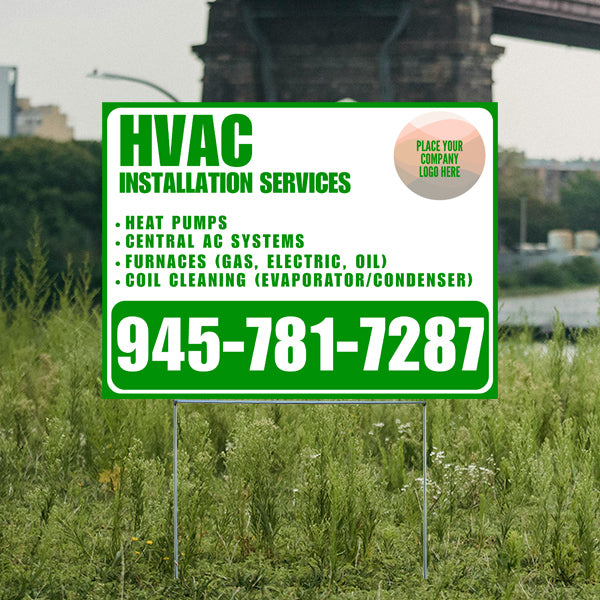 HVAC installation services sign with heat pumps, central AC systems, furnaces, and coil cleaning information, featuring contact number 945-781-7287, standing on grass with blurred cityscape background.