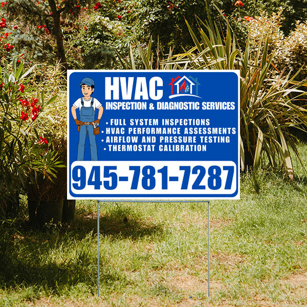 HVAC inspection and diagnostic services yard sign with contact number 945-781-7287, offering full system inspections, performance assessments, airflow and pressure testing, thermostat calibration, placed in a garden setting.