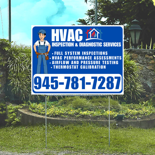 HVAC inspection and diagnostic services sign with phone number 945-781-7287, offers full system inspections, performance assessments, airflow testing, and thermostat calibration, displayed on a lawn.