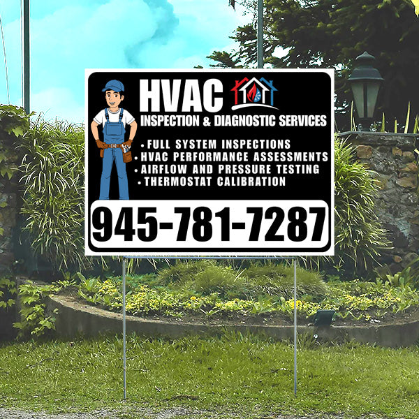 Sign for HVAC inspection and diagnostic services, featuring a cartoon technician, with services listed including full system inspections, HVAC performance assessments, airflow and pressure testing, thermostat calibration, with contact number 945-781-7287.