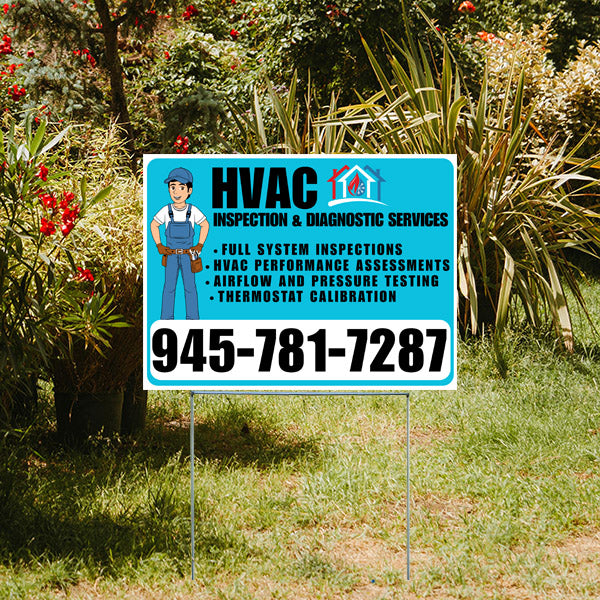 HVAC inspection and diagnostic services yard sign with services listed and contact number 945-781-7287, set in a garden with plants in the background.
