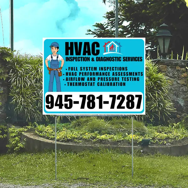 HVAC - Full system inspections, HVAC performance assessments, Airflow and pressure testing, Thermostat calibration - Plain Aqua Blue White YardSigns.com