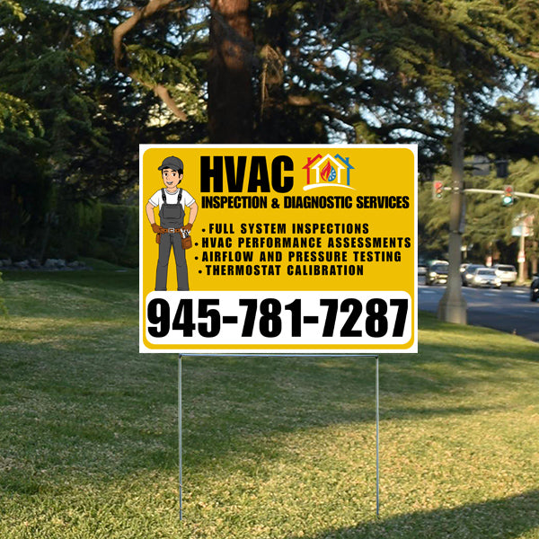 HVAC inspection and diagnostic services yard sign with contact number 945-781-7287, featuring a cartoon technician and list of services including full system inspections, performance assessments, airflow testing, and thermostat calibration, displayed on a lawn.