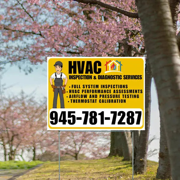 HVAC inspection and diagnostic services sign with contact number, offering full system inspections, performance assessments, airflow and pressure testing, and thermostat calibration, set against a background of blooming cherry blossom trees.