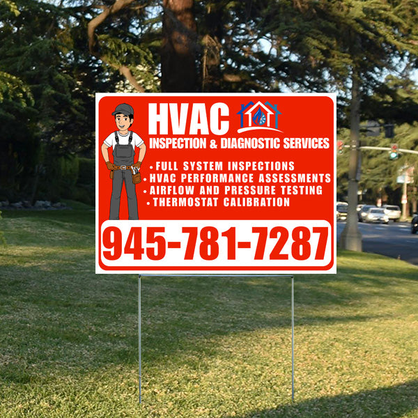 HVAC inspection and diagnostic services sign with cartoon technician, services listed including full system inspections, HVAC performance assessments, airflow and pressure testing, thermostat calibration, and contact number 945-781-7287.
