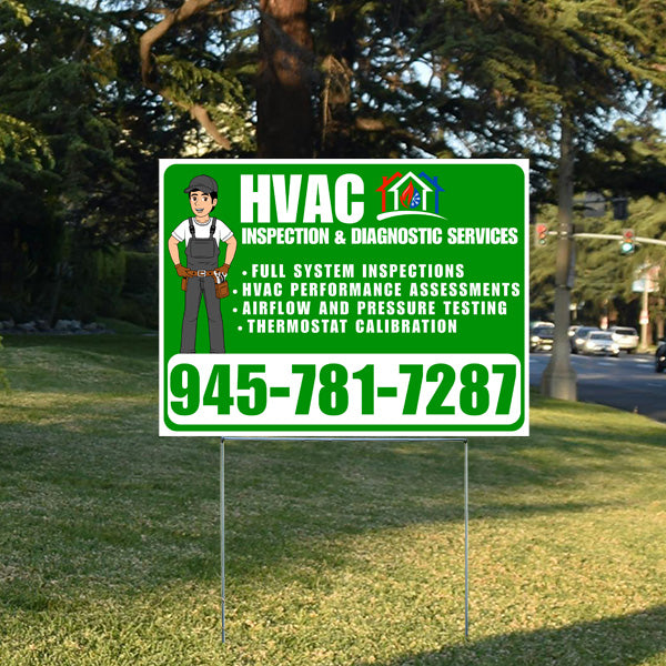 HVAC inspection and diagnostic services yard sign with cartoon technician, offering full system inspections, performance assessments, airflow and pressure testing, and thermostat calibration, featuring contact number 945-781-7287, displayed outdoors near trees and street.