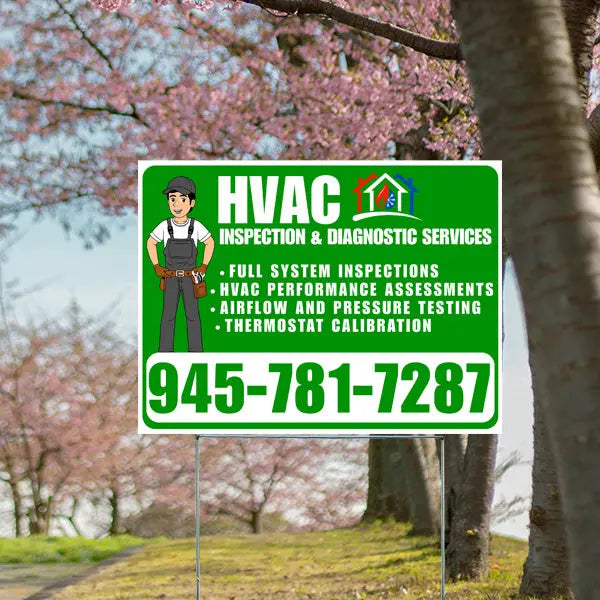HVAC - Full system inspections, HVAC performance assessments, Airflow and pressure testing, Thermostat calibration - Plain Green White YardSigns.com
