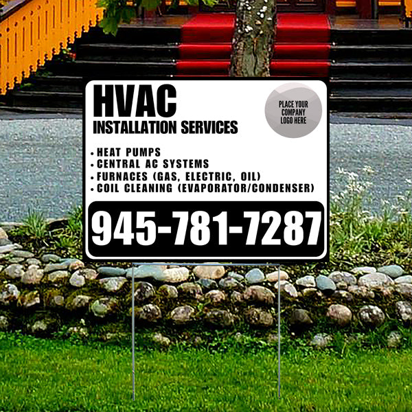 HVAC installation services sign offering heat pumps, central AC systems, furnaces, and coil cleaning with contact number 945-781-7287, placed on grass with landscaping rocks.