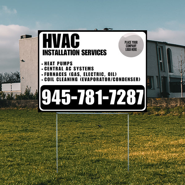 HVAC installation services yard sign with phone number 945-781-7287, offering heat pumps, central AC systems, furnaces, and coil cleaning, displayed in a residential area.