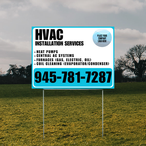 HVAC installation services yard sign in field, listing heat pumps, central AC systems, furnaces, coil cleaning, with phone number 945-781-7287.
