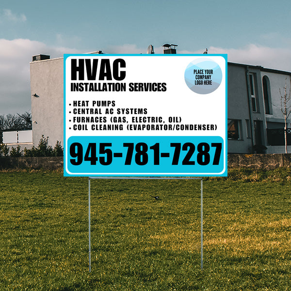 HVAC installation services sign in front of a house, offering heat pumps, central AC systems, furnaces, and coil cleaning with contact number 945-781-7287.