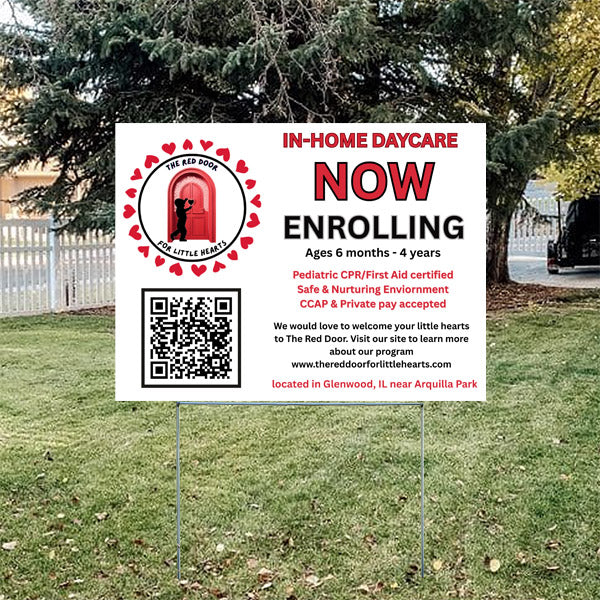 In-home daycare lawn sign for The Red Door for Little Hearts, now enrolling children ages 6 months to 4 years, located in Glenwood, IL near Arquilla Park. Includes QR code and highlights services like CPR/First Aid certification and CCAP acceptance.