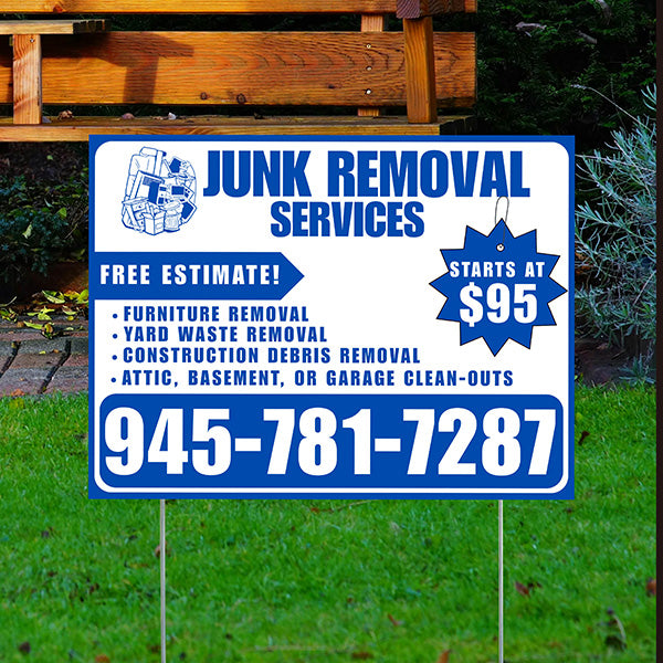 Junk Removal Services - Furniture Removal, Yard Waste Removal, Attic, Basement, or Garage Clean-Outs with Price Tag - Plain Blue White Design - YardSigns.com