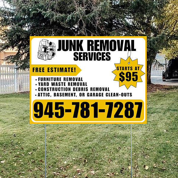 Advertisement for junk removal services with contact information on a grassy lawn.