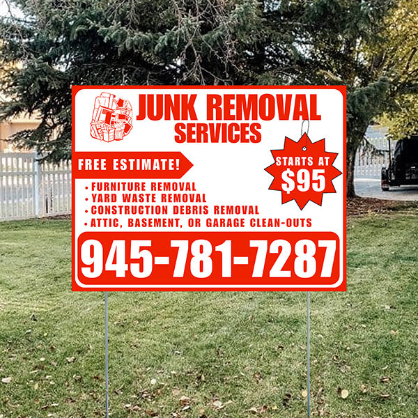 Junk Removal Services - Furniture Removal, Yard Waste Removal, Attic, Basement, or Garage Clean-Outs with Price Tag - Plain Chili Red White Design - YardSigns.com
