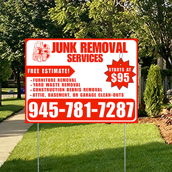 Junk Removal Services - Furniture Removal, Yard Waste Removal, Attic, Basement, or Garage Clean-Outs with Price Tag - Plain Chili Red White Design - YardSigns.com