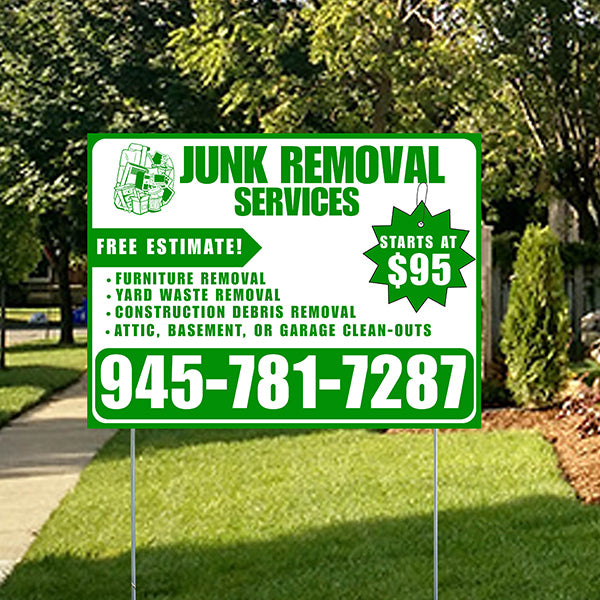 Junk Removal Services - Furniture Removal, Yard Waste Removal, Attic, Basement, or Garage Clean-Outs with Price Tag - Plain Green White Design - YardSigns.com
