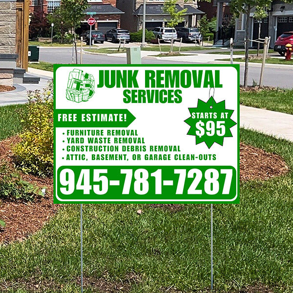 Junk Removal Services - Furniture Removal, Yard Waste Removal, Attic, Basement, or Garage Clean-Outs with Price Tag - Plain Green White Design - YardSigns.com