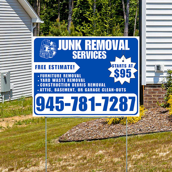 Junk Removal Services - Furniture Removal, Yard Waste Removal, Attic, Basement, or Garage Clean-Outs with Price Tag - Plain White Blue Design - YardSigns.com