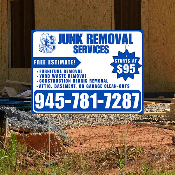 Junk Removal Services - Furniture Removal, Yard Waste Removal, Attic, Basement, or Garage Clean-Outs with Price Tag - Plain Blue White Design - YardSigns.com