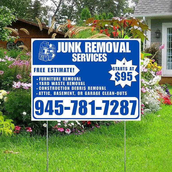 Junk Removal Services - Furniture Removal, Yard Waste Removal, Attic, Basement, or Garage Clean-Outs with Price Tag - Plain White Blue Design YardSigns.com