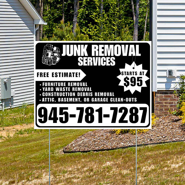 Junk Removal Services - Furniture Removal, Yard Waste Removal, Attic, Basement, or Garage Clean-Outs with Price Tag - Plain White Black Design - YardSigns.com