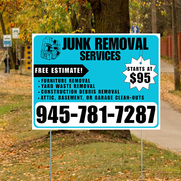 Junk Removal Services - Furniture Removal, Yard Waste Removal, Attic, Basement, or Garage Clean-Outs with Price Tag - Plain White Aqua Blue Design - YardSigns.com